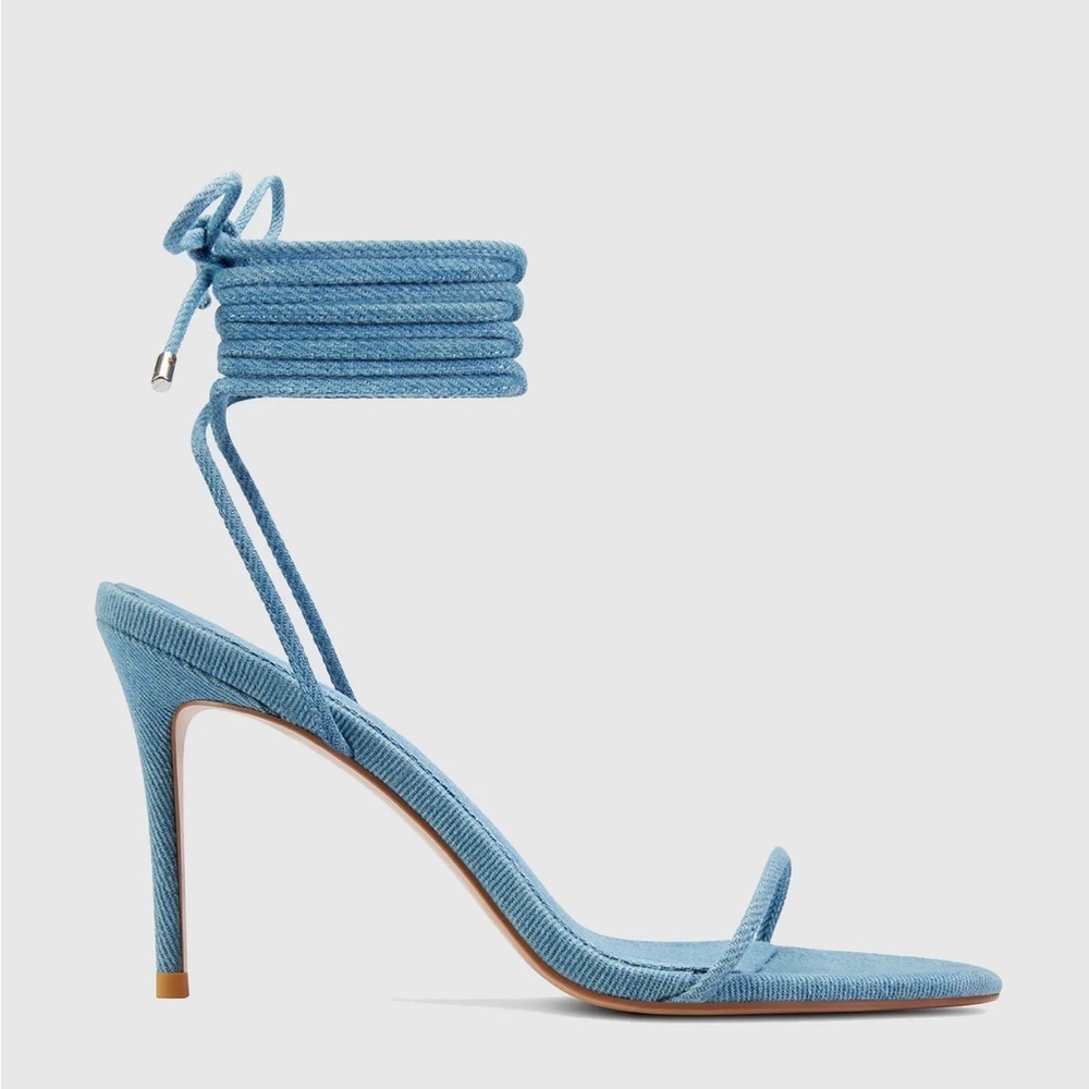Revolve – Femme LA - Denim stiletto ankle wrap heels, size 9